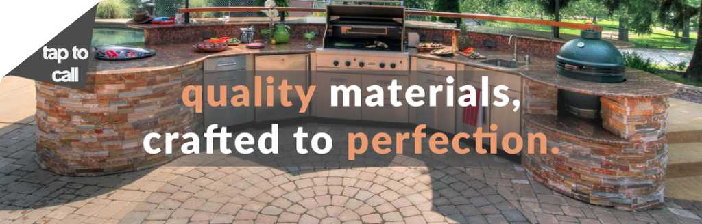 Photo of a hardscape design for an outdoor kitchen with Brevard Pro Pavers' company slogan, 