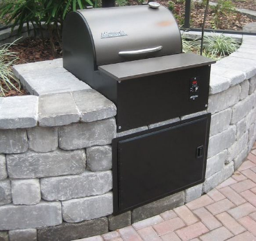 Hardscape paver design with an integrated outdoor grill and walkway.